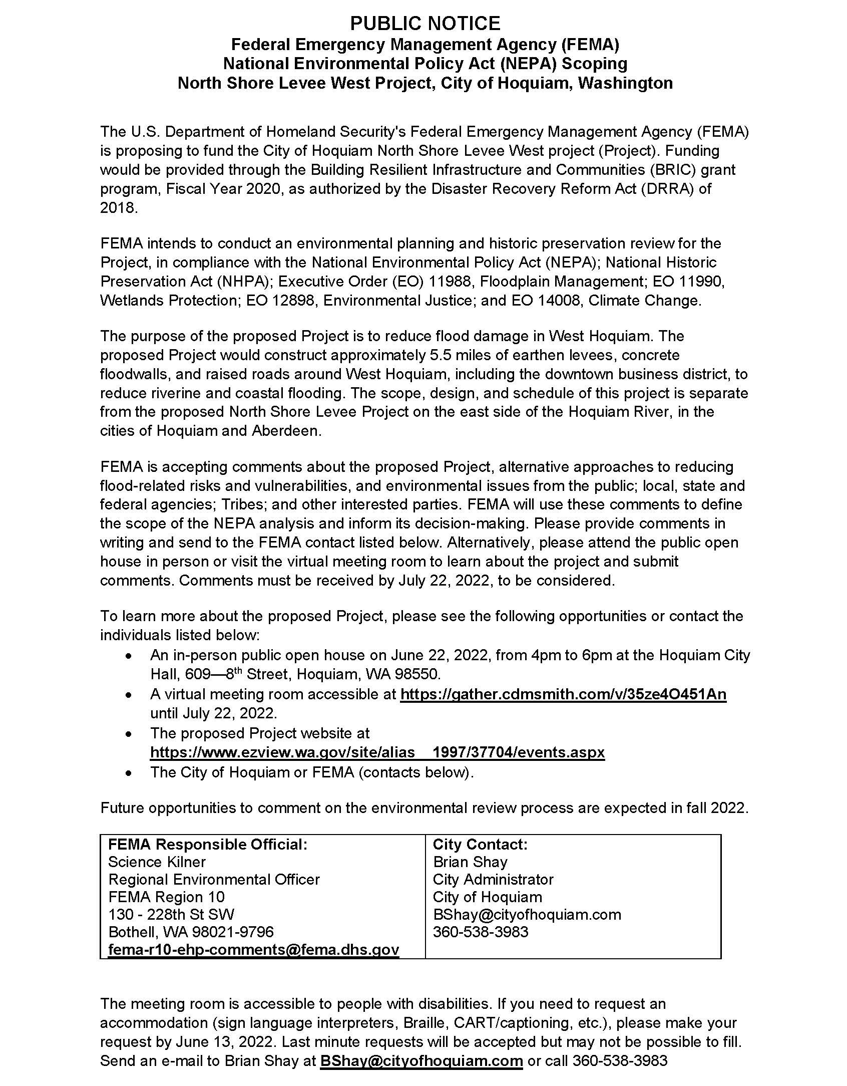 Public Notice of June 22,2022 NSL-W Open House